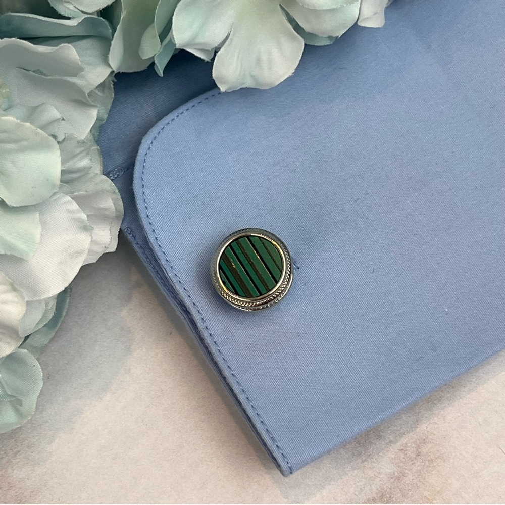 Stunning Green Malachite Round Silver Cufflinks - Picture 12 of 16